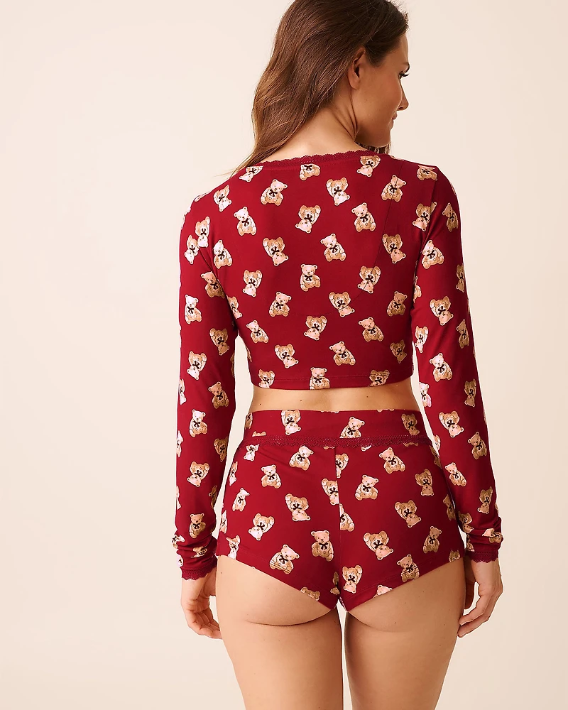 Teddy Bear Print Super Soft Long Sleeve Crop Top