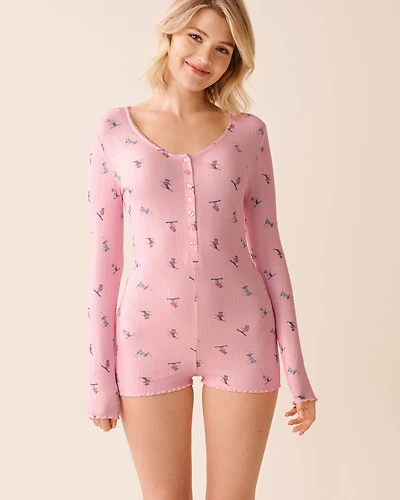 Red Bow Print Pointelle Long Sleeve Romper