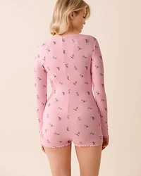 Red Bow Print Pointelle Long Sleeve Romper
