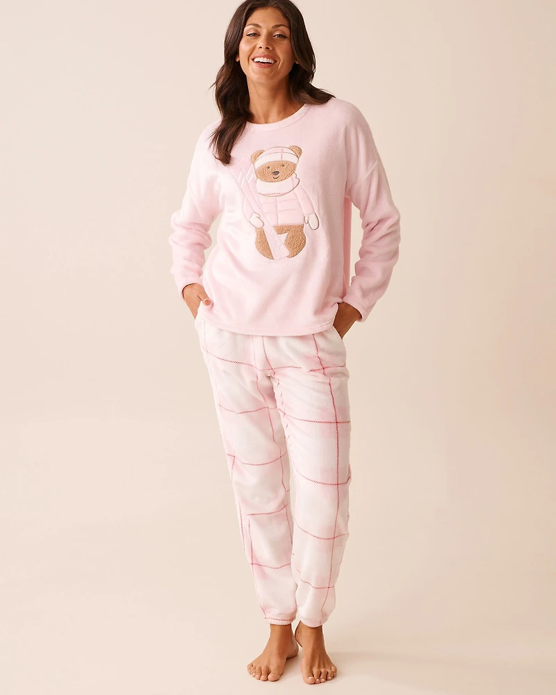 Teddy Bear Print Soft Plush PJ Set