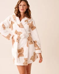 Teddy Bear Print Soft Plush Hooded Robe