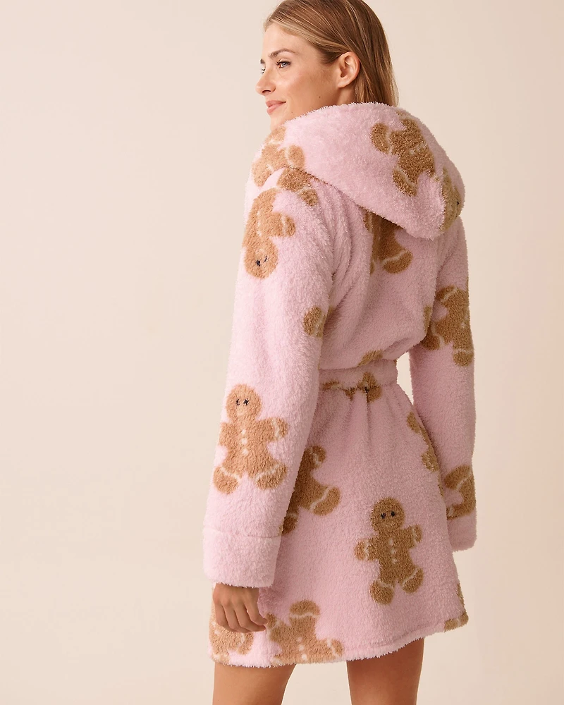 Teddy Bear Print Soft Plush Hooded Robe