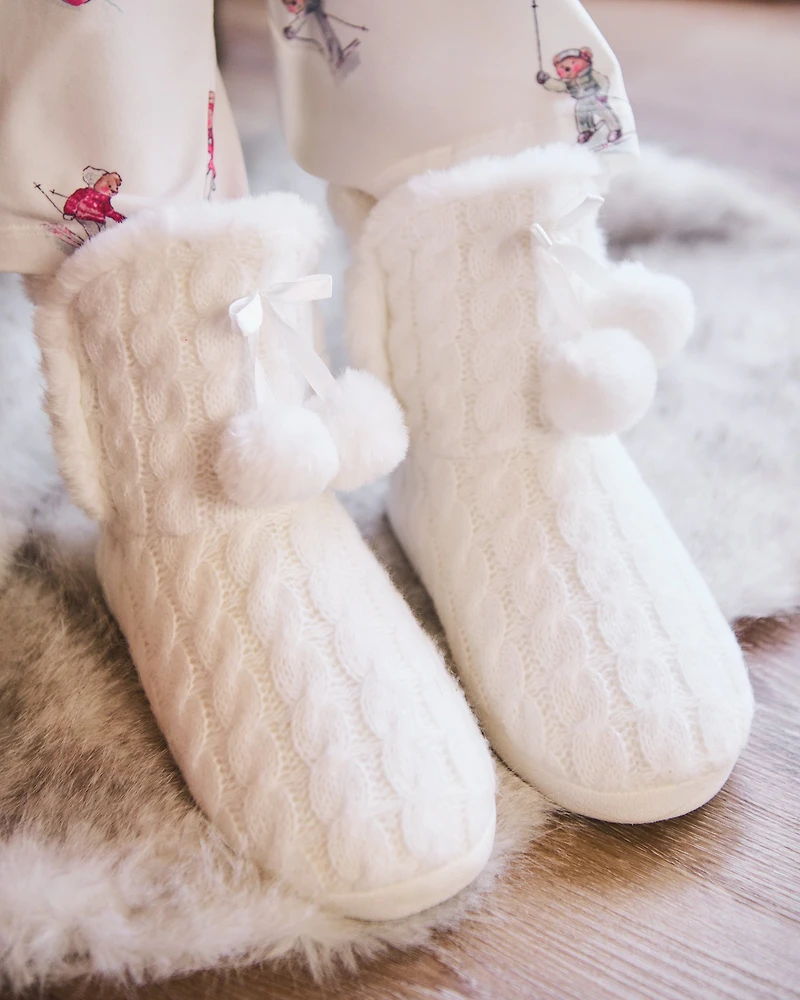 Pantoufles bottines effet tricoté à pompons