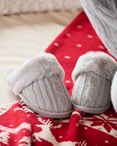 Cable Knit and Faux Fur Slippers