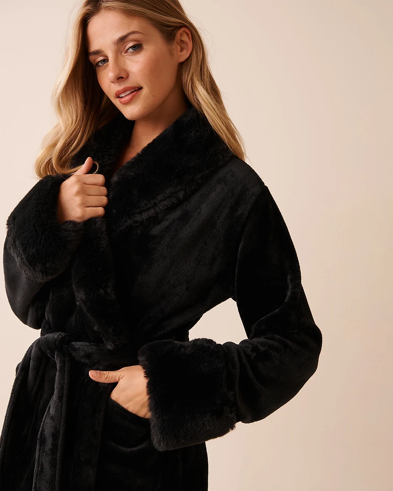 Faux Fur Collar Long Plush Robe