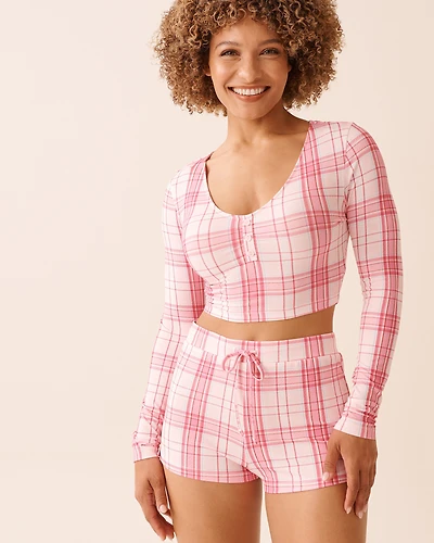 Pink Plaid Super Soft Long Sleeve Crop Top