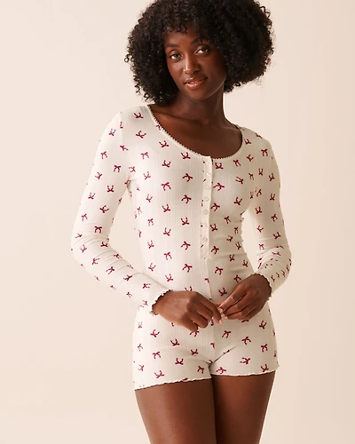 Red Bow Print Pointelle Long Sleeve Romper