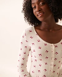 Combishort manches longues en pointelle imprimé nœuds rouges