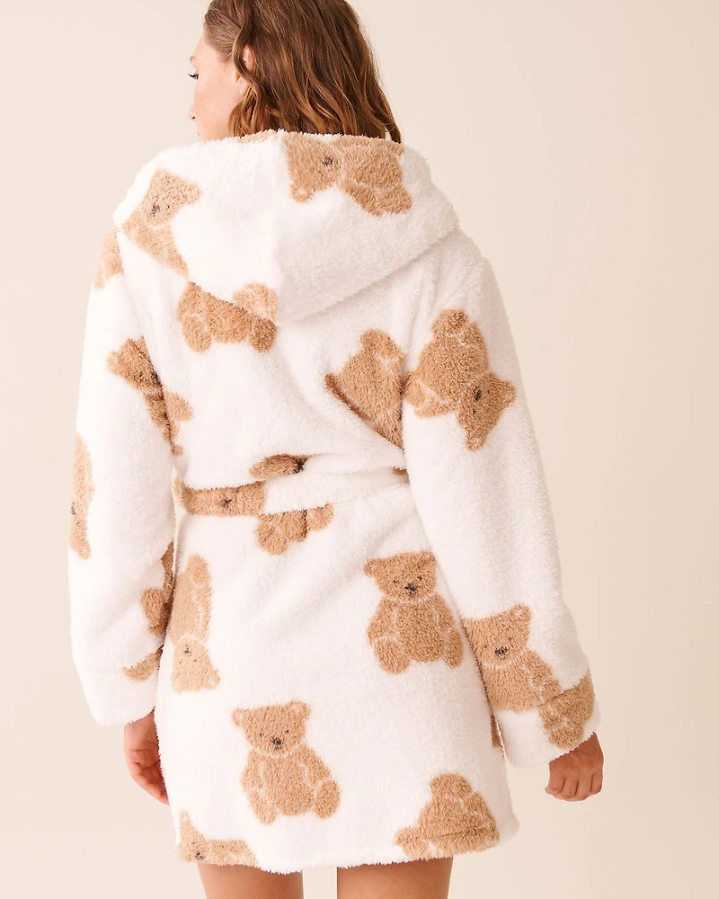 Teddy Bear Print Soft Plush Hooded Robe