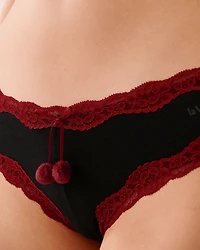Cotton and Lace Trim Cheeky Panty with Pom-Poms