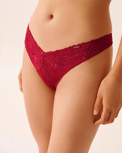 Embroidered Mesh and Lace High Leg Thong Panty