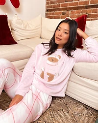 Teddy Bear Print Soft Plush PJ Set
