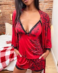 Camisole bordure en dentelle fibres recyclées fleurs rouges et noires