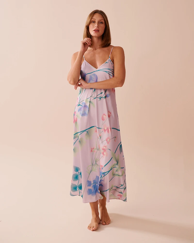 Lavender Garden Print Long Satin Nightie with Shelf Bra