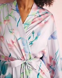Lavender Garden Print Long Satin Kimono