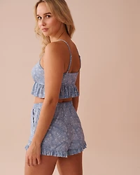 White Floral Print Recycled Fibers Ruffled Crop Cami