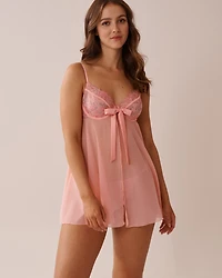 Open Front Embroidered Mesh Babydoll with Satin Bow
