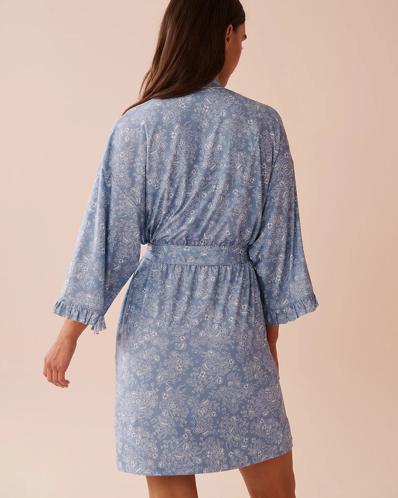 White Floral Print Recycled Fibers Ruffled Kimono