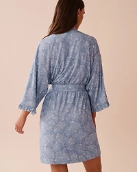 White Floral Print Recycled Fibers Ruffled Kimono