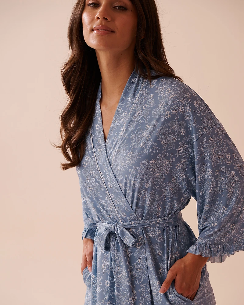 White Floral Print Recycled Fibers Ruffled Kimono