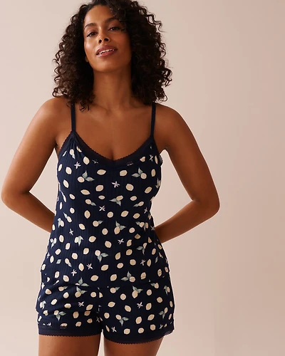 Lemon Print Lace Trim Ribbed Jersey Cami with Shelf Bra