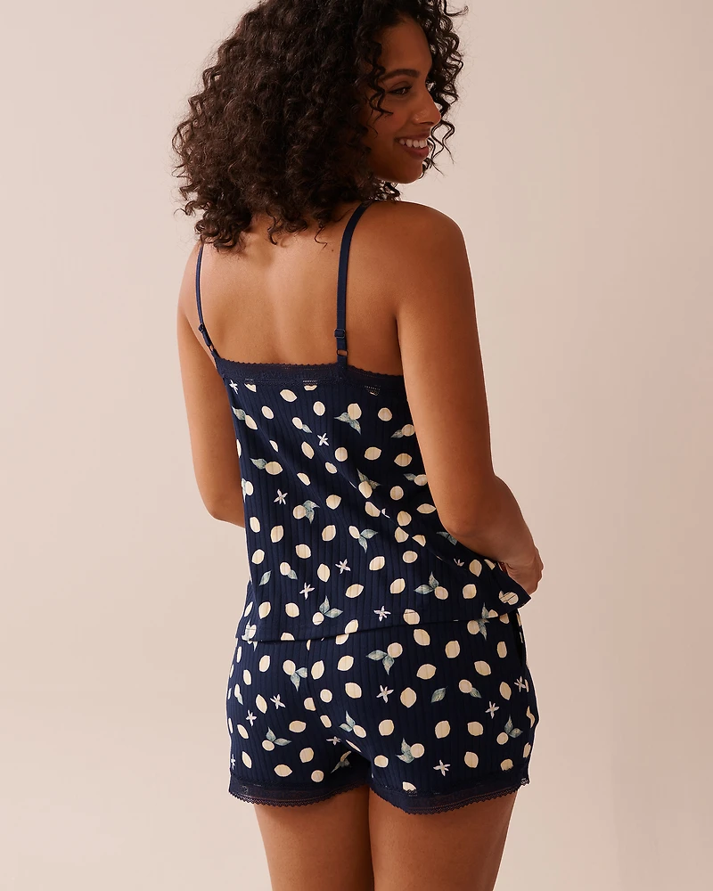 Lemon Print Lace Trim Ribbed Jersey Cami with Shelf Bra