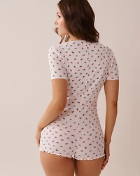 Combishort maille pointelle et bordure frisons imprimé fraise