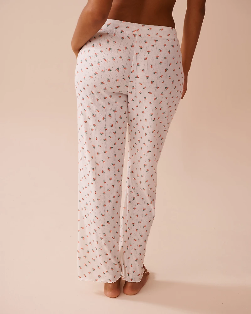 Pantalon de pyjama maille pointelle et bordure frisons imprimé fraise