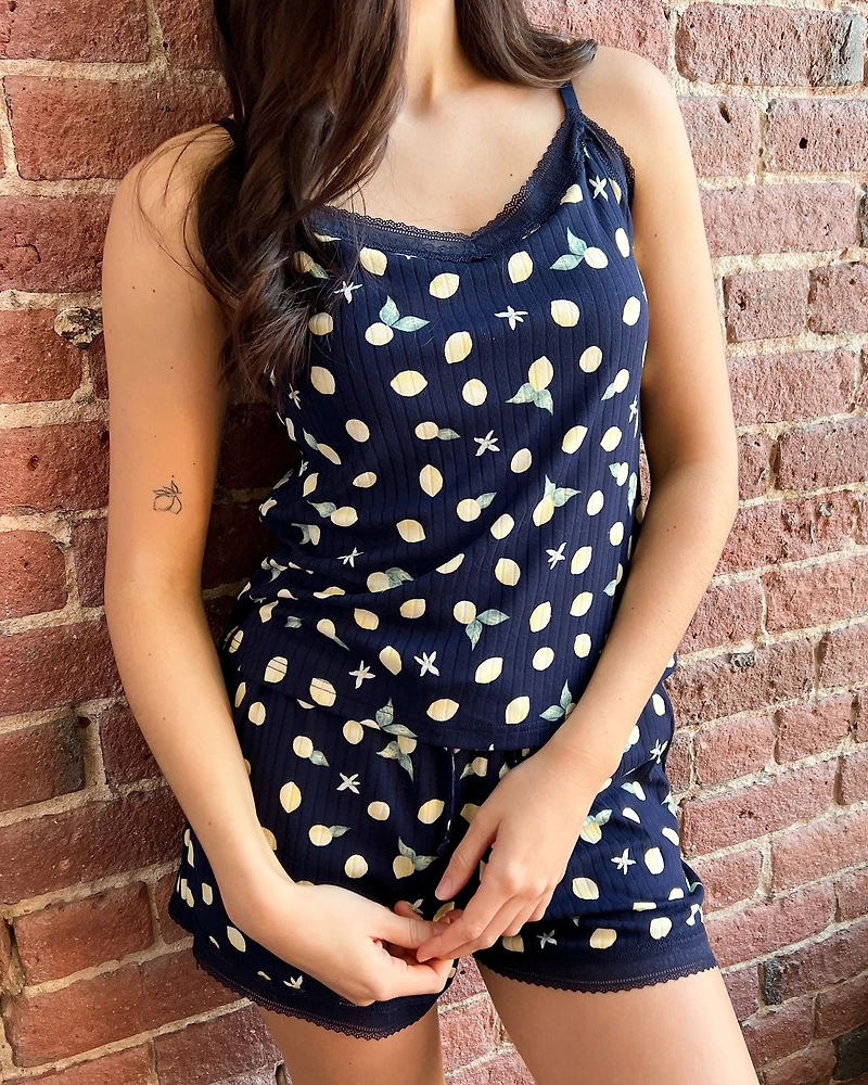 Lemon Print Lace Trim Ribbed Jersey Cami with Shelf Bra
