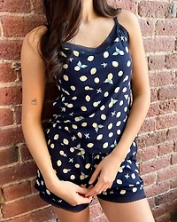 Lemon Print Lace Trim Ribbed Jersey Cami with Shelf Bra