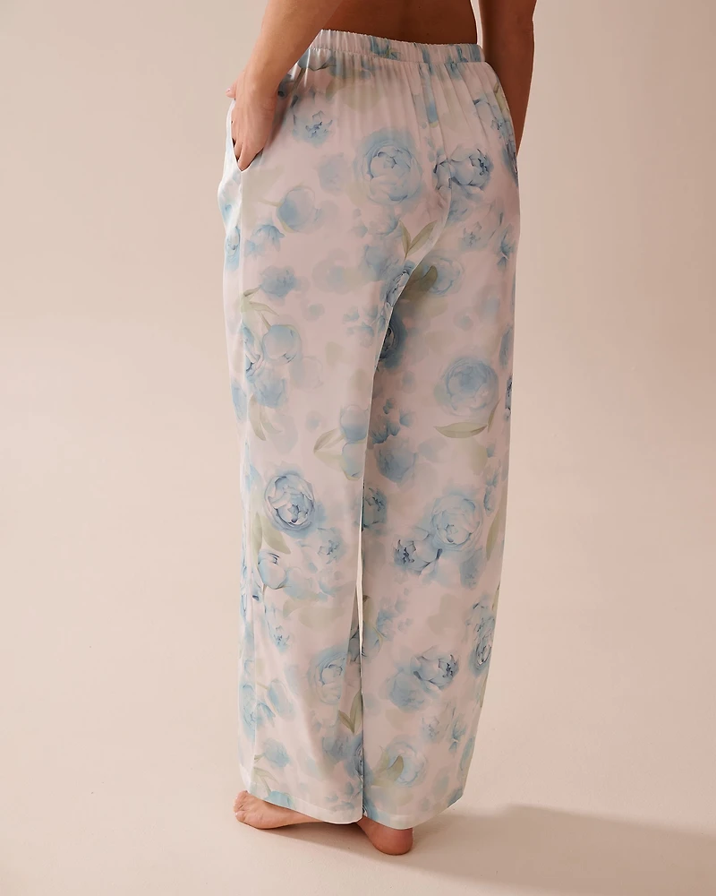 Blue Rose Print Satin Pants
