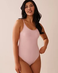 Ribbed Modal and Lace Trim Bodysuit with Shelf Bra