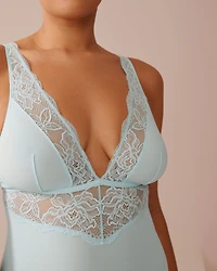 Microfiber and Floral Lace Plunge Teddy