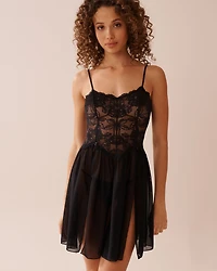 Floral Lace and Mesh Slit Nightie