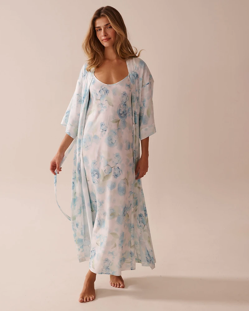 Blue Rose Print Long Satin Kimono