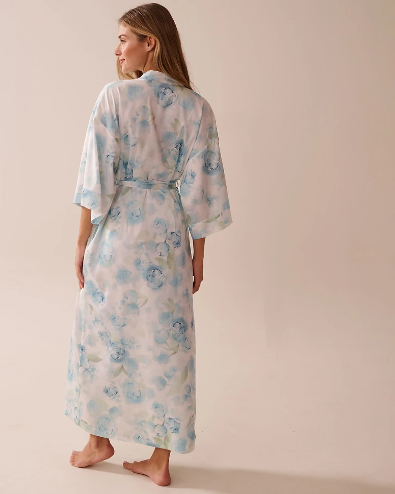 Blue Rose Print Long Satin Kimono