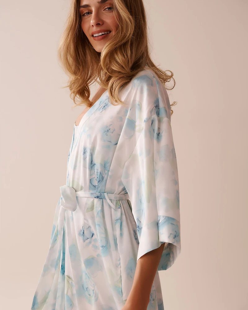 Blue Rose Print Long Satin Kimono