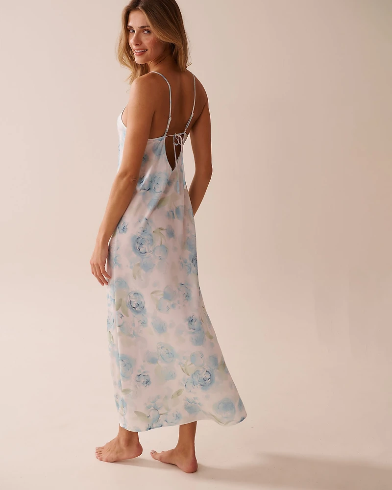 Blue Rose Print Long Satin Nightie