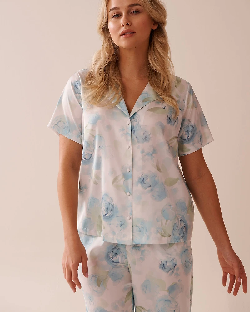 Blue Rose Print Satin Button-down Shirt