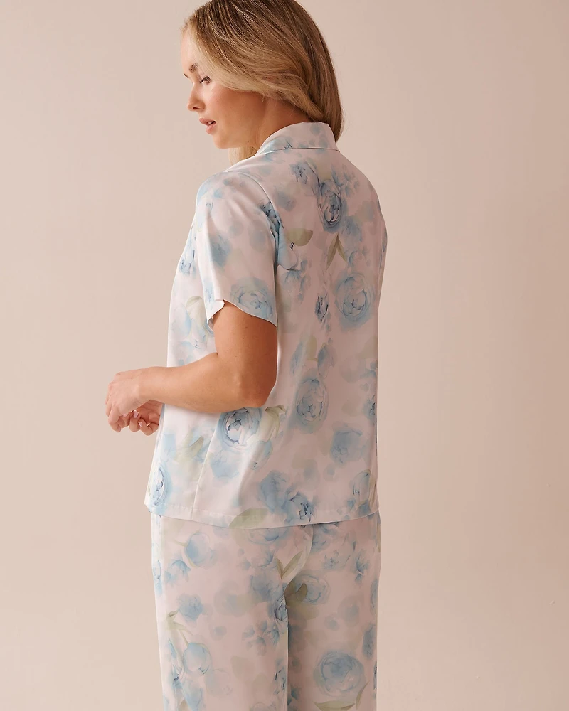 Blue Rose Print Satin Button-down Shirt