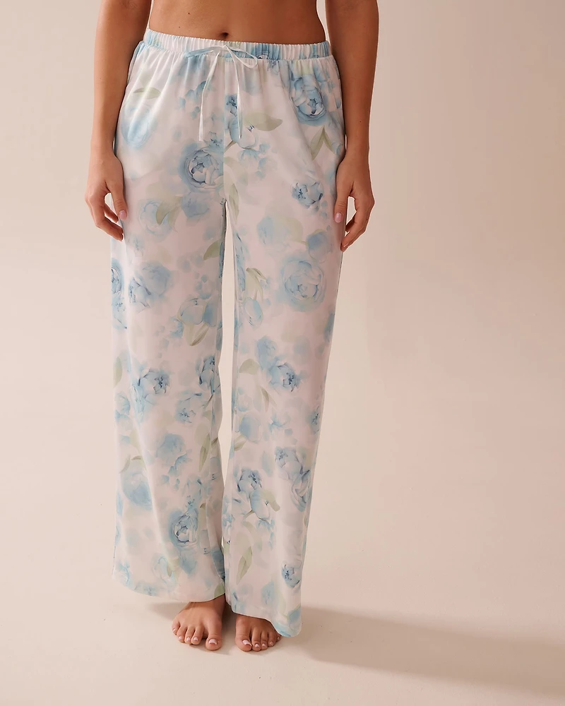 Blue Rose Print Satin Pants