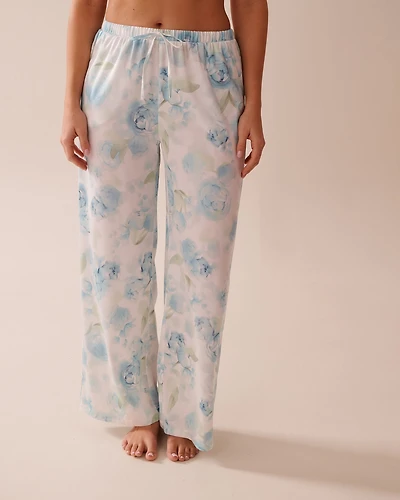 Blue Rose Print Satin Pants