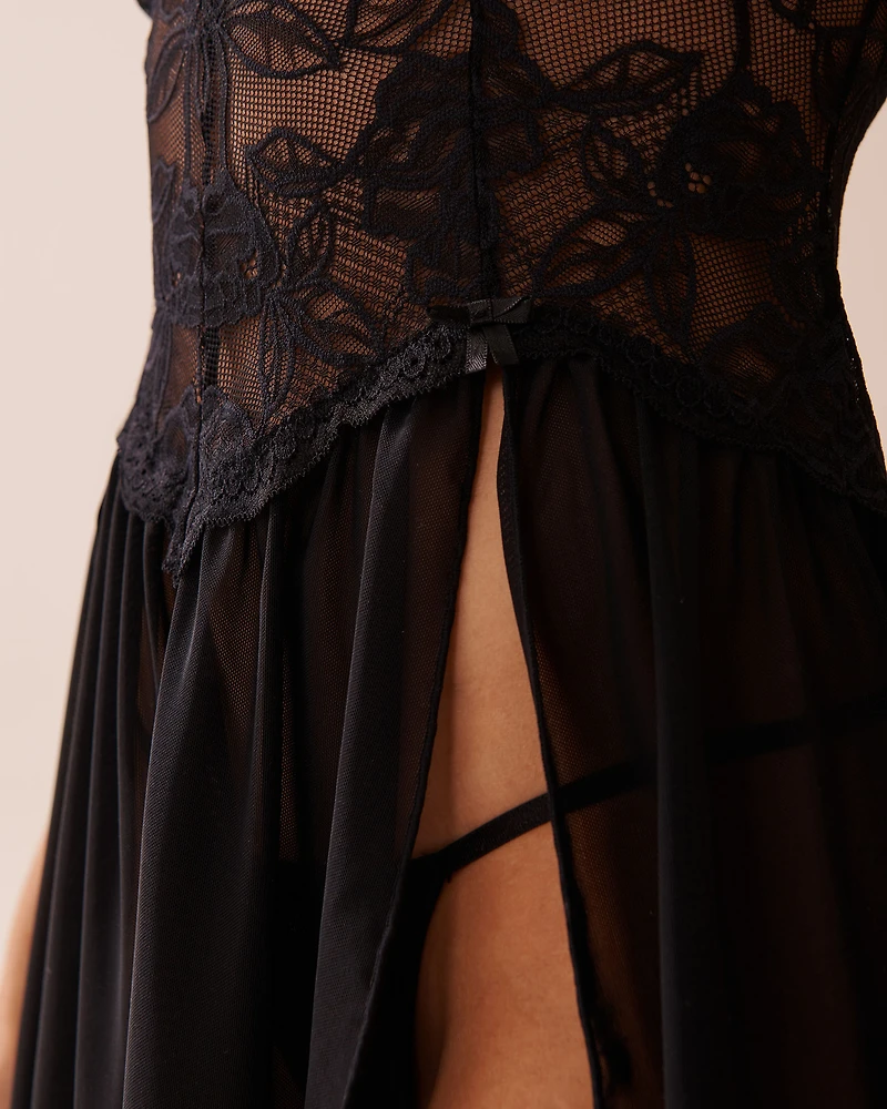 Floral Lace and Mesh Slit Nightie