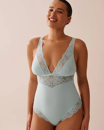 Microfiber and Floral Lace Plunge Teddy