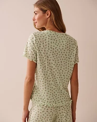 T-shirt maille pointelle et bordure frisons à petites fleurs