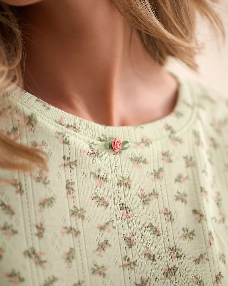 T-shirt maille pointelle et bordure frisons à petites fleurs