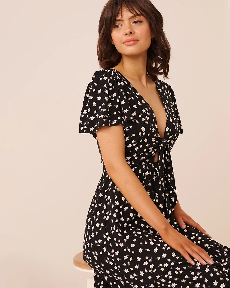 Robe manches courtes en crêpe imprimé floral