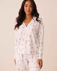 Dog Print Soft Knit Long Sleeve Button-down Top