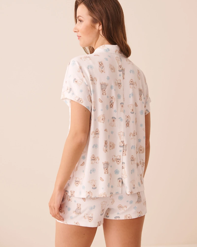 Dog Print Soft Knit Short Sleeve Button-down Shirt