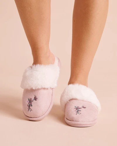 Floral Embroidered Faux Suede and Fur Slippers
